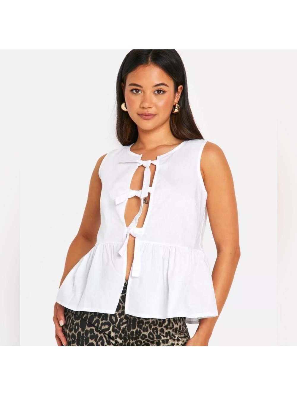 Amazon White Sleeveless Tie-Front Peplum Top